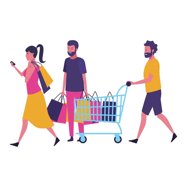 Amigos Caminando Con Carrito Compra Bolsas Dibujos Animados Vector Ilustración — Vector de stock