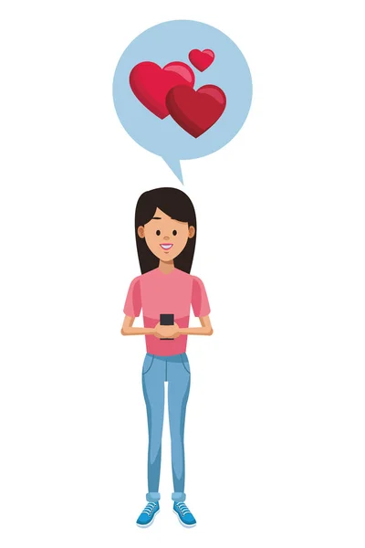 Woman Using Smartphone Hearts Bubble Vector Illustration Graphic Design — Stock Vector