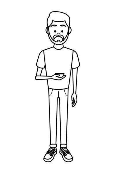Hombre Joven Usando Teléfono Inteligente Blanco Negro Vector Ilustración Diseño — Vector de stock