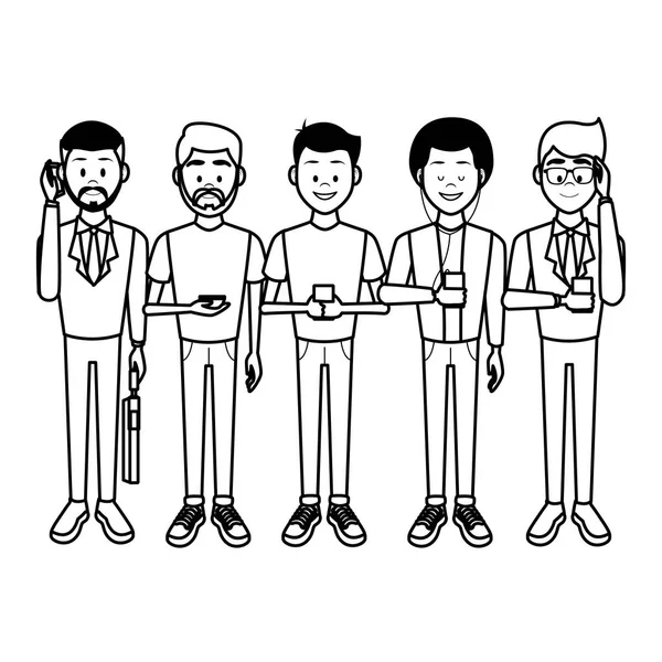 Jóvenes Con Smartphones Blanco Negro Ilustración Vectorial Diseño Gráfico — Vector de stock