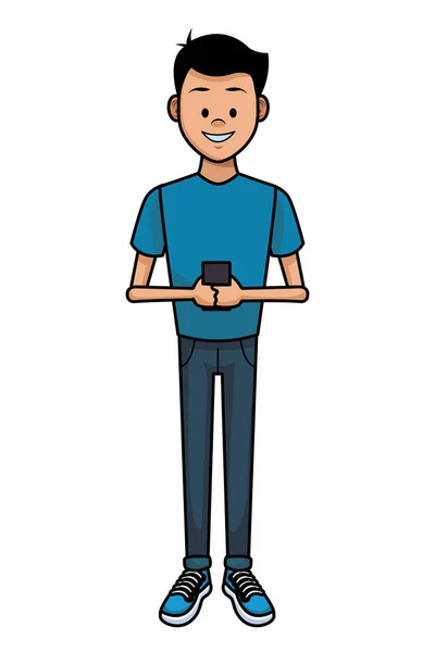 Homem Jovem Usando Design Gráfico Ilustração Vetor Smartphone — Vetor de Stock