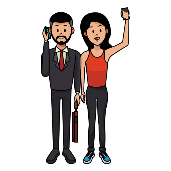 Pareja Usando Smartphone Para Hablar Tomar Selfie Vector Ilustración Diseño — Vector de stock