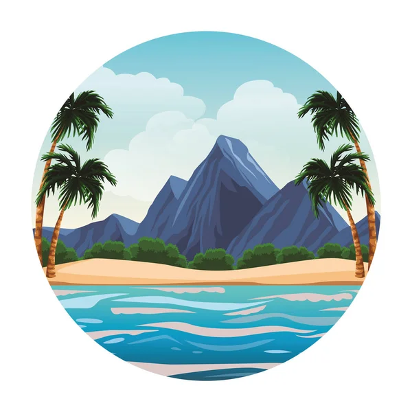 Strand Und Insel Mit Bergen Landschaft Rund Symbol Vektor Illustration — Stockvektor