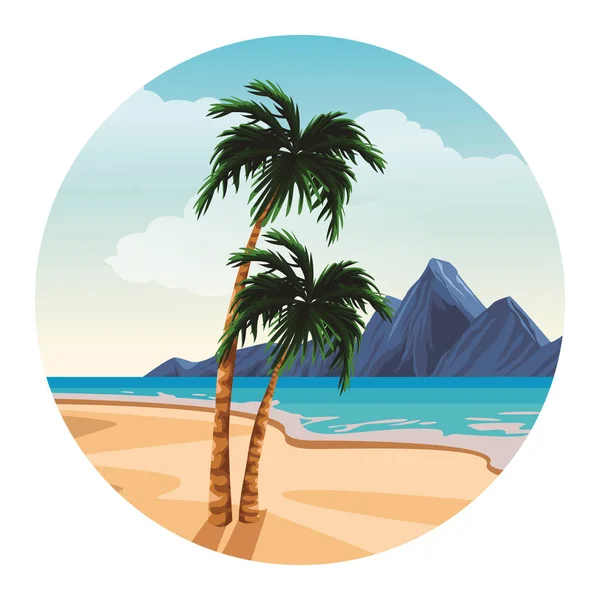 Plage Île Avec Paysages Montagne Icône Ronde Vectoriel Illustration Graphisme — Image vectorielle