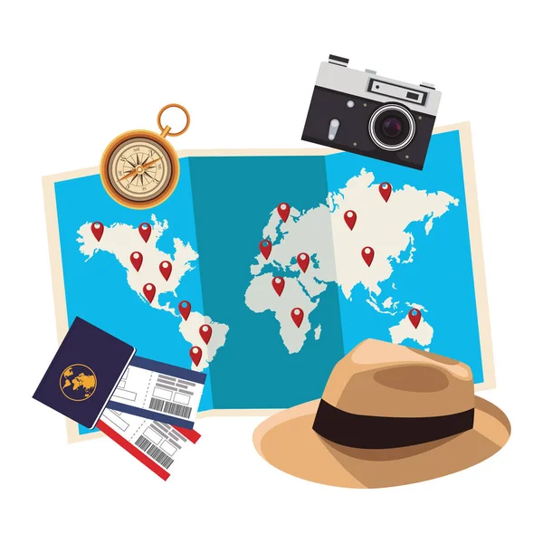 Значок Панамського Капелюха Картковою Камерою Компас Паспортні Квитки Білому Тлі — стоковий вектор