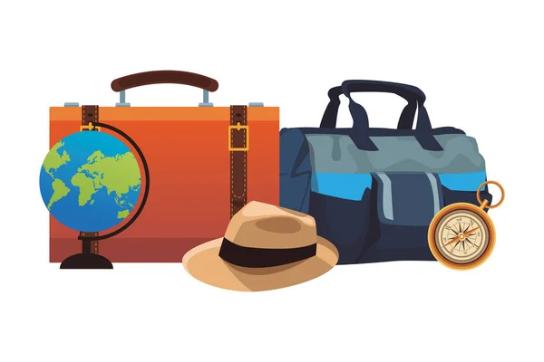 Icono Equipaje Viaje Con Globo Sombrero Panama Brújula Diseño Gráfico — Vector de stock