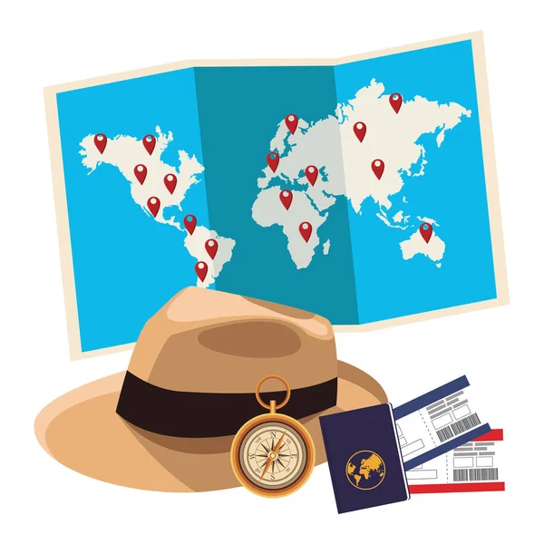 Panama Sombrero Icono Con Mapa Pasaporte Compás Entradas Fondo Blanco — Vector de stock