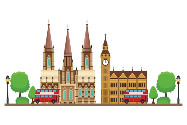 Big Ben Monument Abbey Double Decker Bus Trees White Background — Stok Vektör