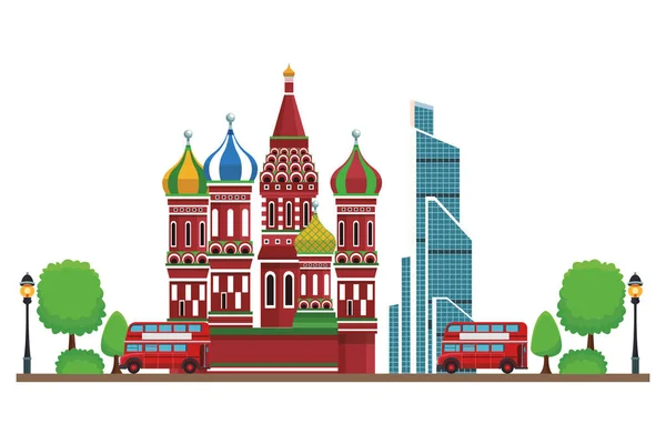 Saint Basil Catherdral Naberezhnaya Tower Trees Double Decker Bus Vector — Stock Vector