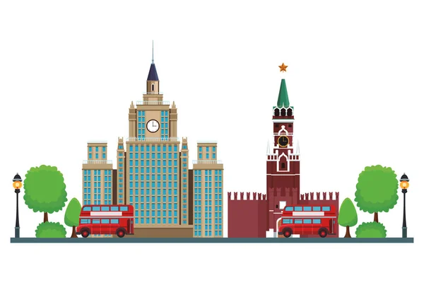 Spasskaja Turm Ikone Und Lomonossow Universität Mit Doppeldeckerbus Und Bäumen — Stockvektor