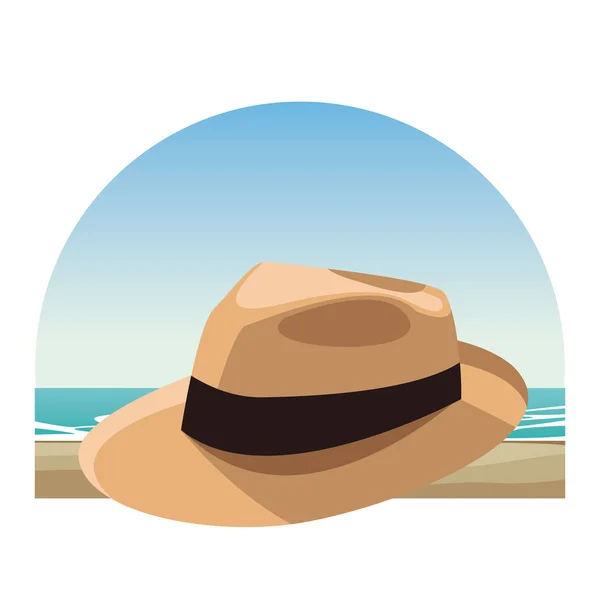 Ikon Topi Panama Dengan Gambar Vektor Lansekap Pantai Desain Grafis - Stok Vektor