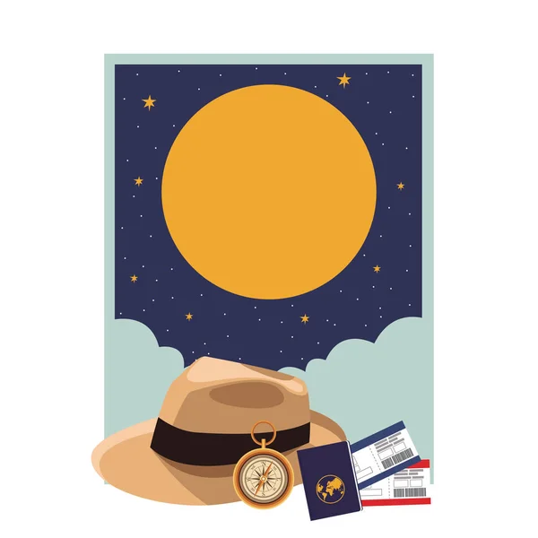 Panama Sombrero Icono Con Chanclas Pasaporte Gafas Sol Entradas Noche — Archivo Imágenes Vectoriales