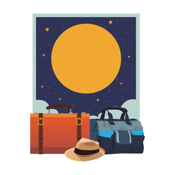 Icono Equipaje Viaje Con Sombrero Panama Noche Vector Ilustración Diseño — Archivo Imágenes Vectoriales