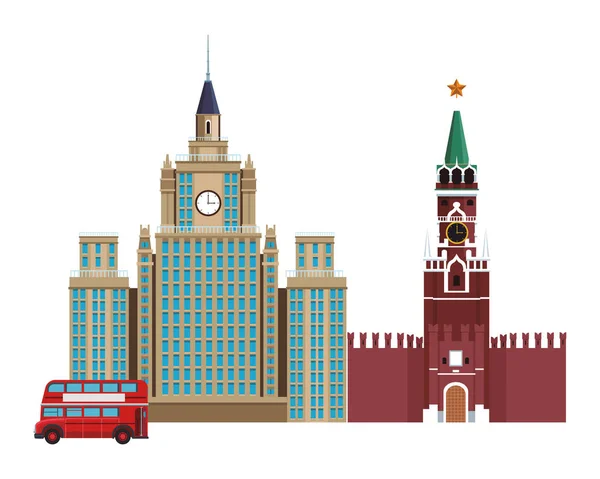 Spasskaja Turm Ikone Und Lomonossow Universität Mit Doppeldeckerbus Vektor Illustration — Stockvektor
