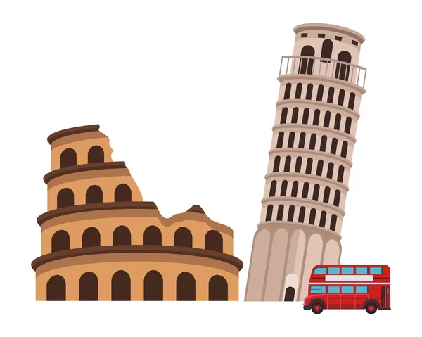 Romeinse Circus Pictogram Pisa Tower Met Dubbeldekker Bus Vector Illustratie — Stockvector