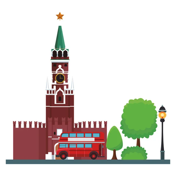 Icono Torre Spasskaya Con Bus Dos Pisos Árbol Vector Ilustración — Vector de stock