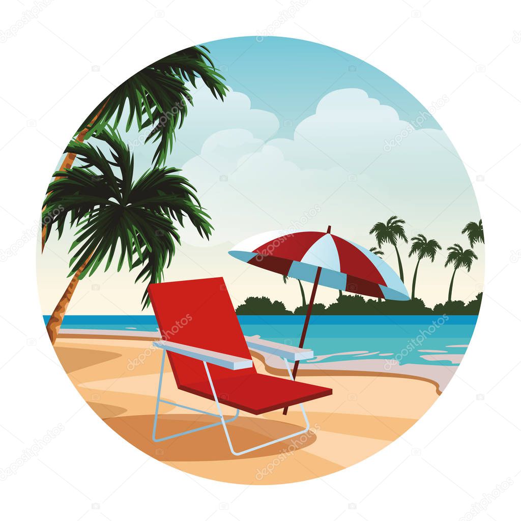 Beach and island with sunchair and umbrella scenery round icon vector illustration graphic design