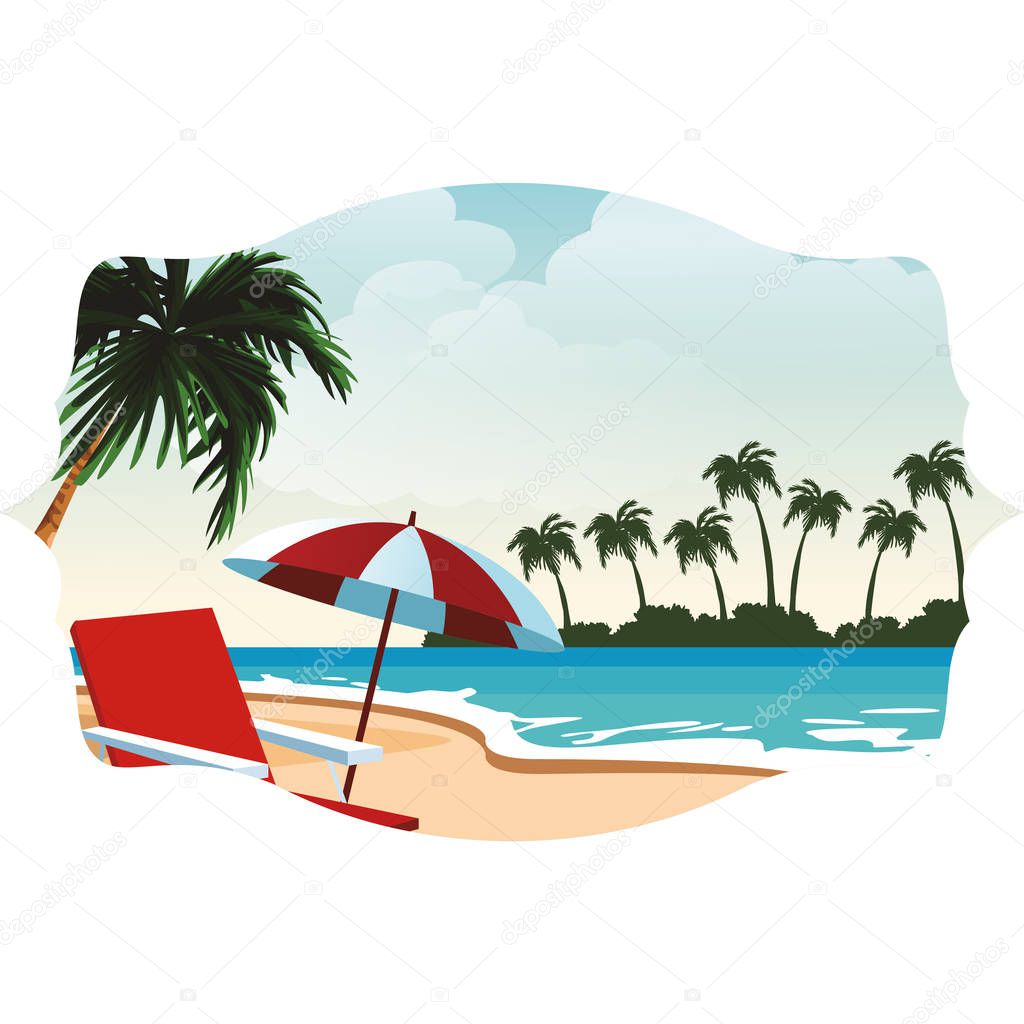 Beach and island with sunchair and umbrella scenery inside label frame vector illustration graphic design