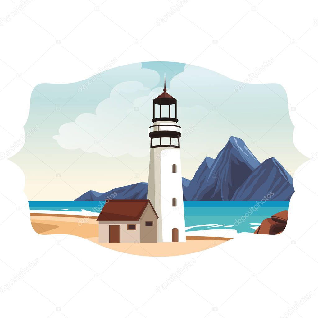 Beach and island with lighthouse scenery inside label frame vector illustration graphic design
