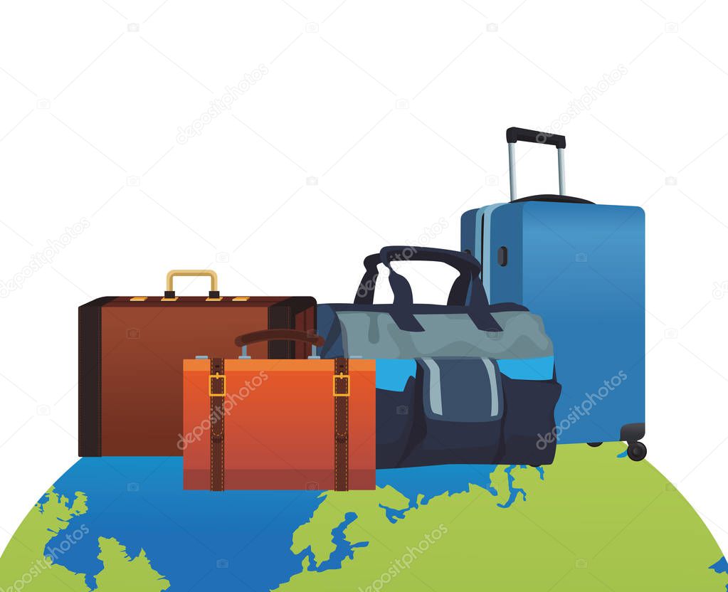 travel baggage icon luggage suitcase travel bag over globe vector illustration graphic design