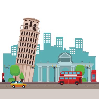 Pisa Kulesi simgesi ve brandenburg kapısı cityscape çift katlı otobüs ile