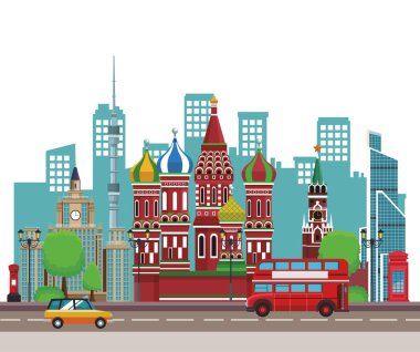 Rus ilgili bina cityscape içinde çift katlı otobüs ve taksi kapaklı