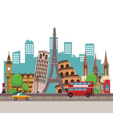 Dünya Anıtlar kutsal kişilerin resmi ile çift katlı otobüs ve taksi cap altında cityscape eiffel pisa büyük ben sirk