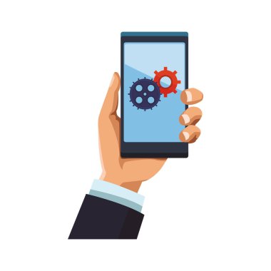 cep telefonu ve gears ile renkli beyaz arka planda tutan el illüstrasyon grafik tasarım vektör