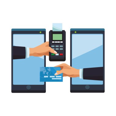 cep telefonu dataphone ve banka kartı beyaz arka plan vektör çizim grafik tasarım renkli transfer el ile elektronik transfer