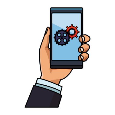 cep telefonu ve vites renkli kalın konturlu beyaz arka planda tutan el illüstrasyon grafik tasarım vektör