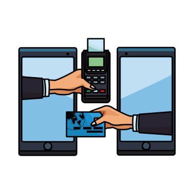 cep telefonu dataphone ve banka kartı renkli kalın anahat beyaz arka plan vektör çizim grafik tasarım aktarma el ile elektronik transfer