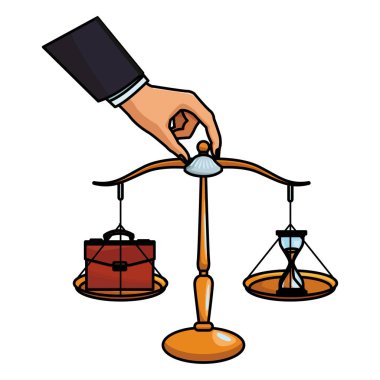 Beyaz arka plan vektör çizim grafik tasarımında ölçekli iş ve zaman denge evrak çantası ve kum saati renkli kalın anahat