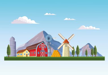 Çiftlik barn Peyzaj sahne karikatür vektör çizim grafik tasarım ile