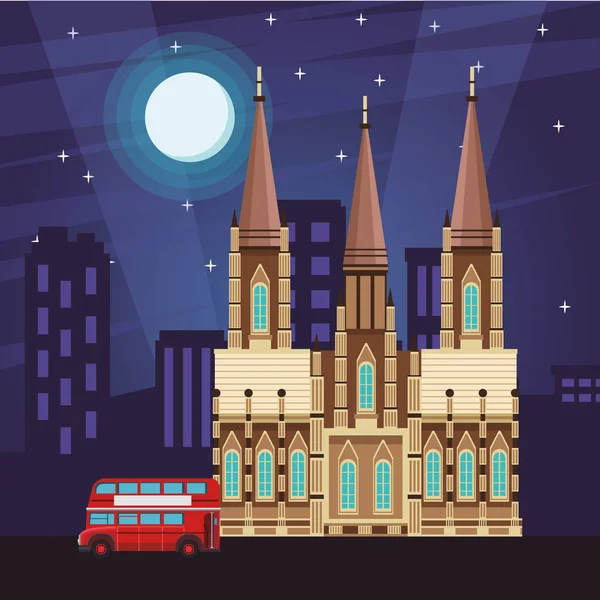 Santiago Compostela Catedral Con Bus Dos Pisos Noche Vector Ilustración — Vector de stock