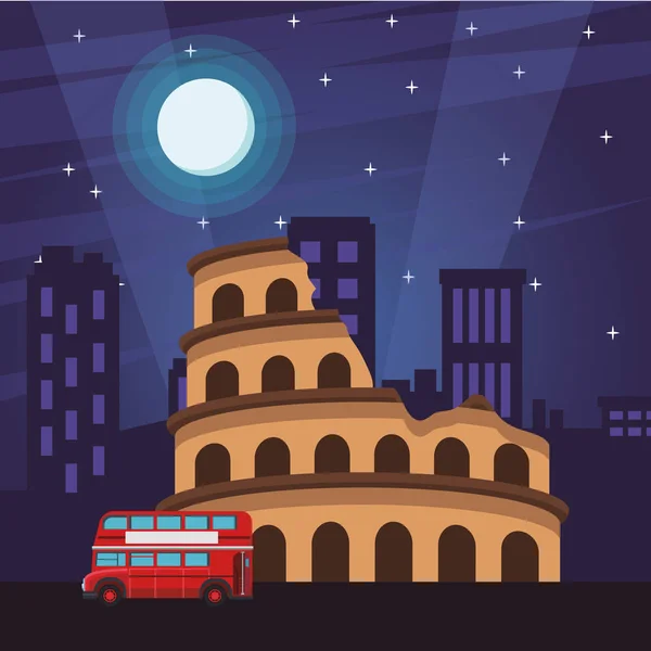 Icono Circo Romano Con Bus Dos Pisos Noche Vector Ilustración — Vector de stock