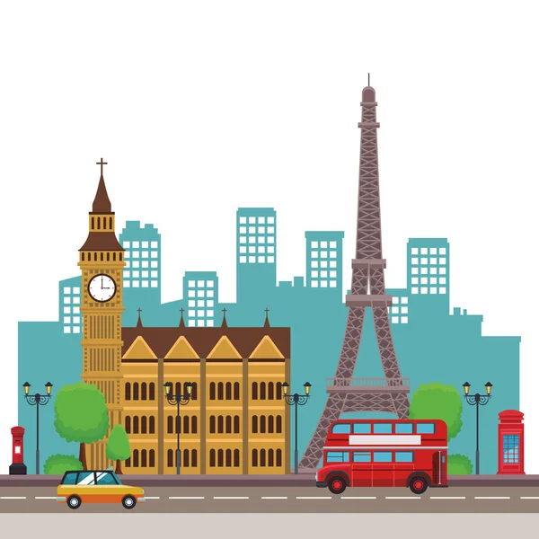 Icône Tour Eiffel Grand Ben Avec Bus Deux Étages Casquette — Image vectorielle