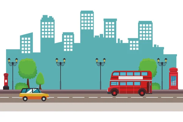 Paisaje Urbano Ciudad Con Cabina Taxis Dos Pisos Teléfono Rojo — Vector de stock