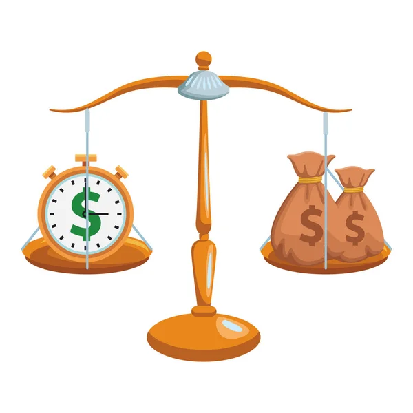 Escala Dinheiro Tempo Equilíbrio Cronômetro Saco Dinheiro Colorido Fundo Branco — Vetor de Stock