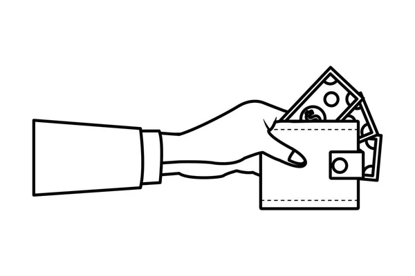 白い背景ベクトル イラスト グラフィック デザインの図面を持っているお金手付き財布 — ストックベクタ