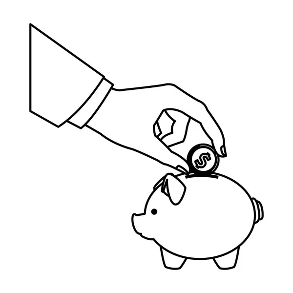 Piggy Risparmio Mano Messo Disegno Moneta Sfondo Bianco Disegno Grafico — Vettoriale Stock