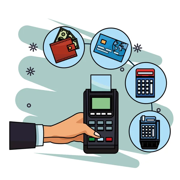 Pagamento Eletrônico Dados Ícones Dinheiro Carteira Banco Cartão Calculadora Caixa — Vetor de Stock