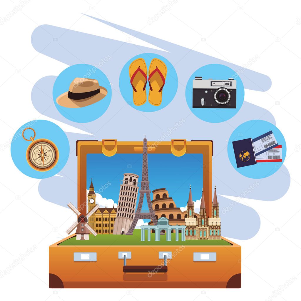 travel elements and item with baggage panama hat flips flops world monuments vector illustration graphic design vector illustration graphic design