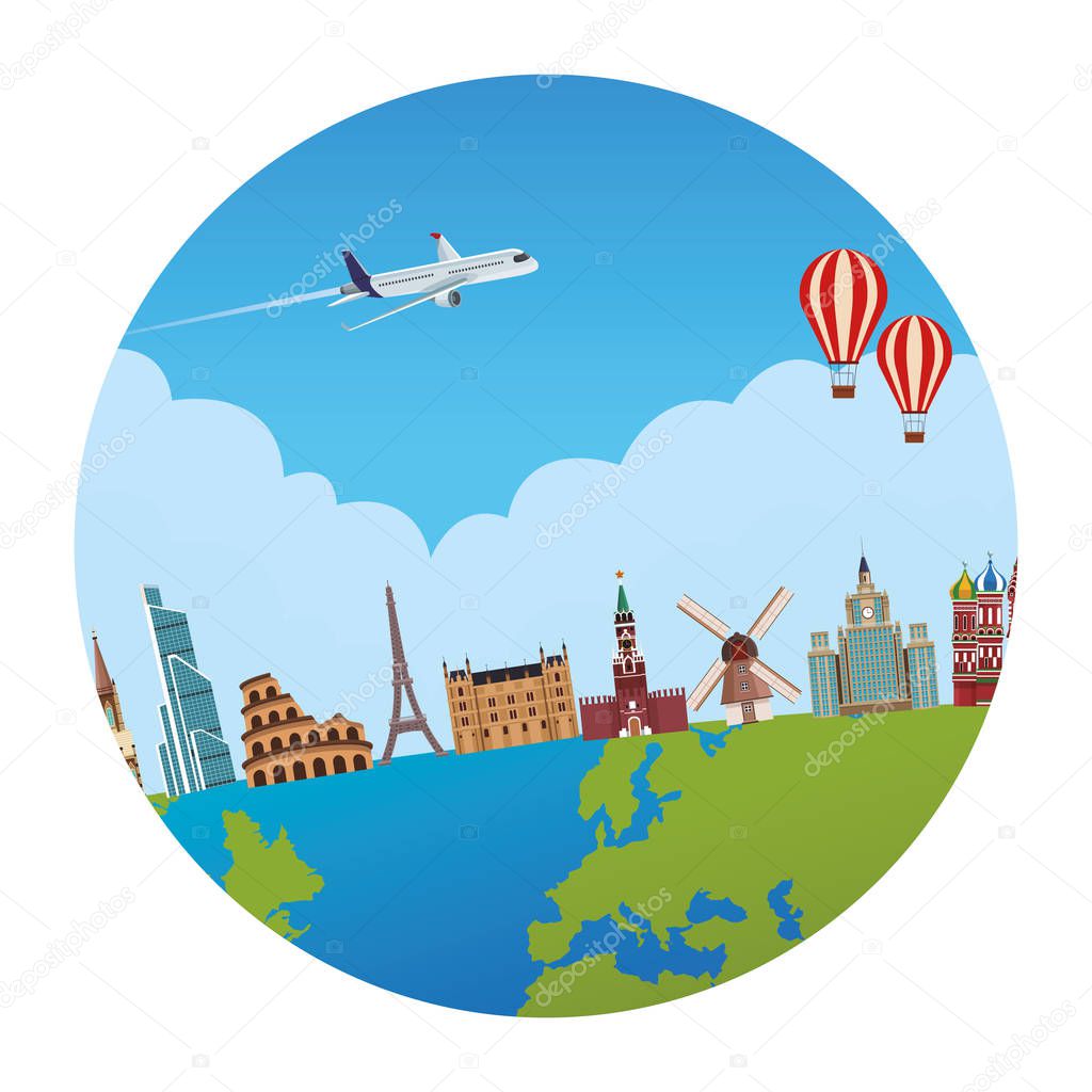 world monuments icons over a globe with airplane and hot air balloon vector illustration graphic design