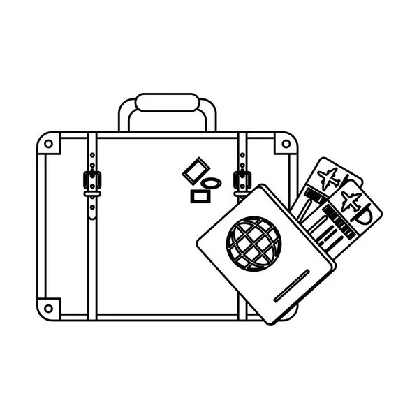 Valise de voyage avec billets et passeport noir et blanc — Image vectorielle