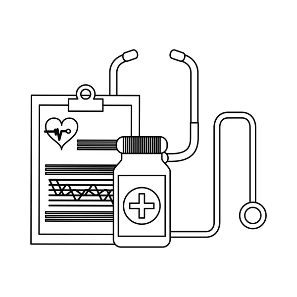 Orvosi elemek és szimbólumok fekete-fehérben — Stock Vector
