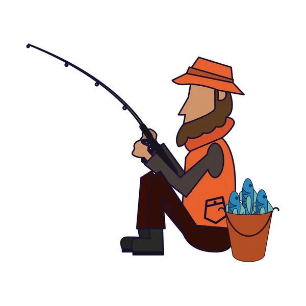 Pescador Com Vara Peixes Balde Desenho Animado Desenho Gráfico Vetor — Vetor de Stock