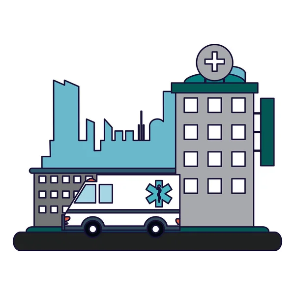 Krankenhausgebäude Mit Krankenwagen Über Stadtbild Landschaftsvektor Illustration Grafik Gestaltung — Stockvektor
