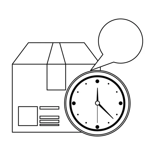 Caixa de entrega e temporizador com discurso bolha em branco preto e branco — Vetor de Stock