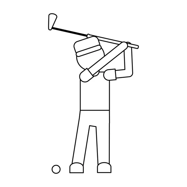 Jugador de golf lanzando pelota con club en blanco y negro — Vector de stock