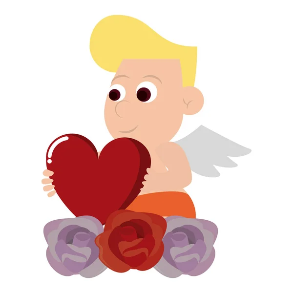 Cupido com coração e flores — Vetor de Stock